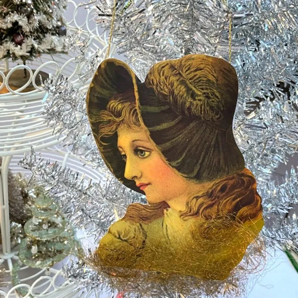Vintage Victorian Style Die Cut Christmas Ornaments Scrap Tinsel Lady Child Pair